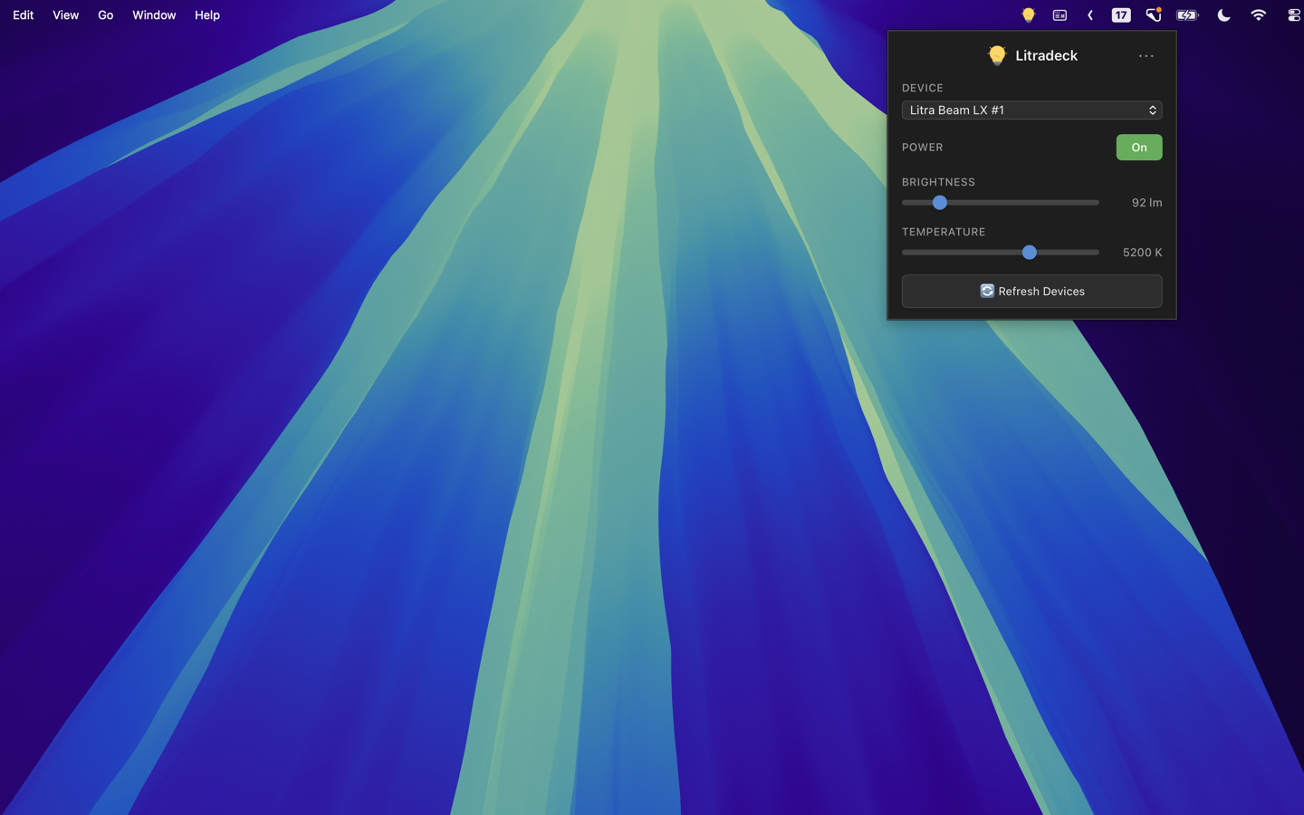 Litradeck menu bar app showing brightness and temperature controls for a Litra Beam LX